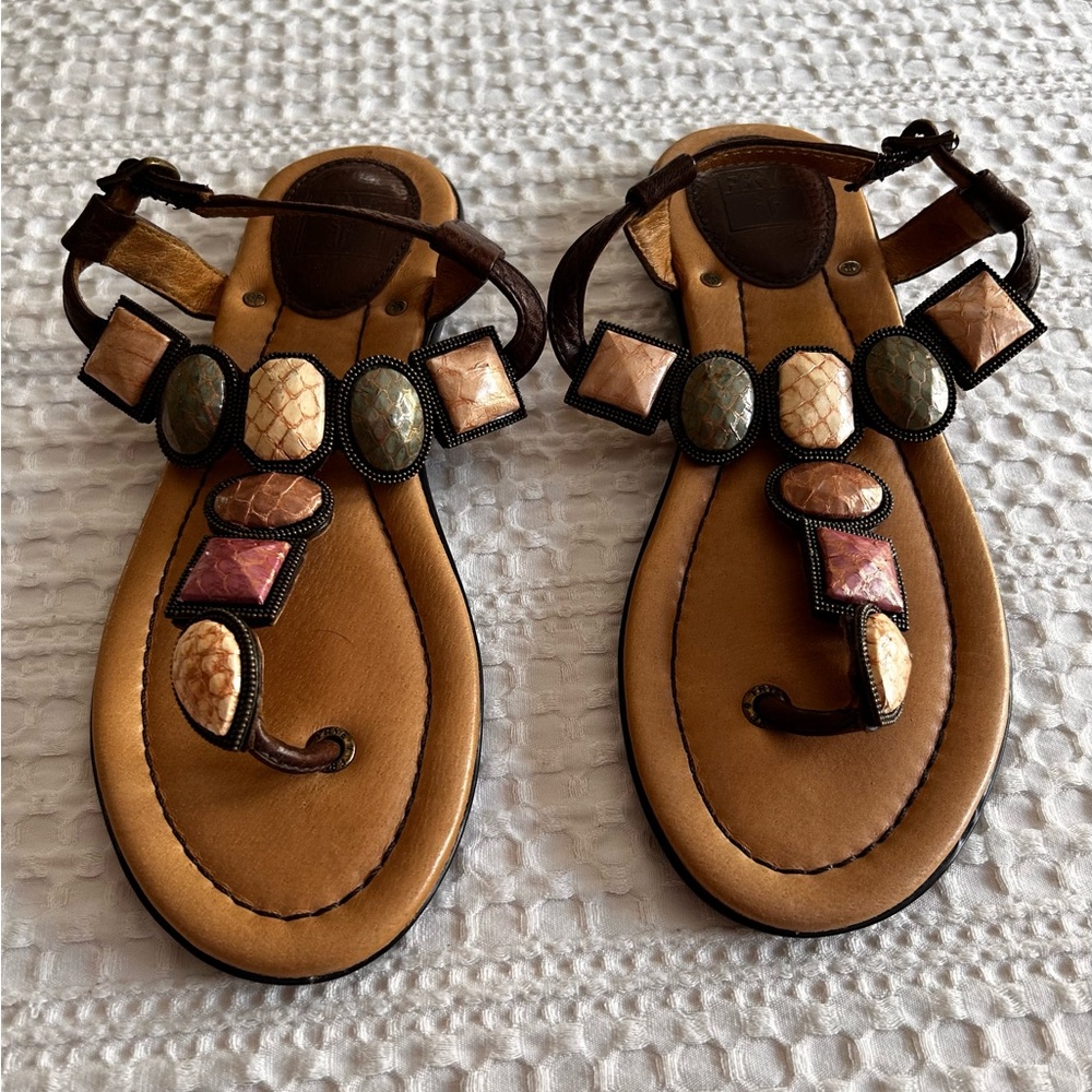 Frye Brown Leather T-Strap Sandals with Multi-Tone Gem Accents